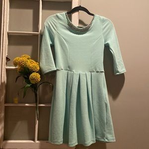 Francesca’s 3/4 Sleeve Sage Green Jeweled Neckline Pleated Low Back w/Bow Dress